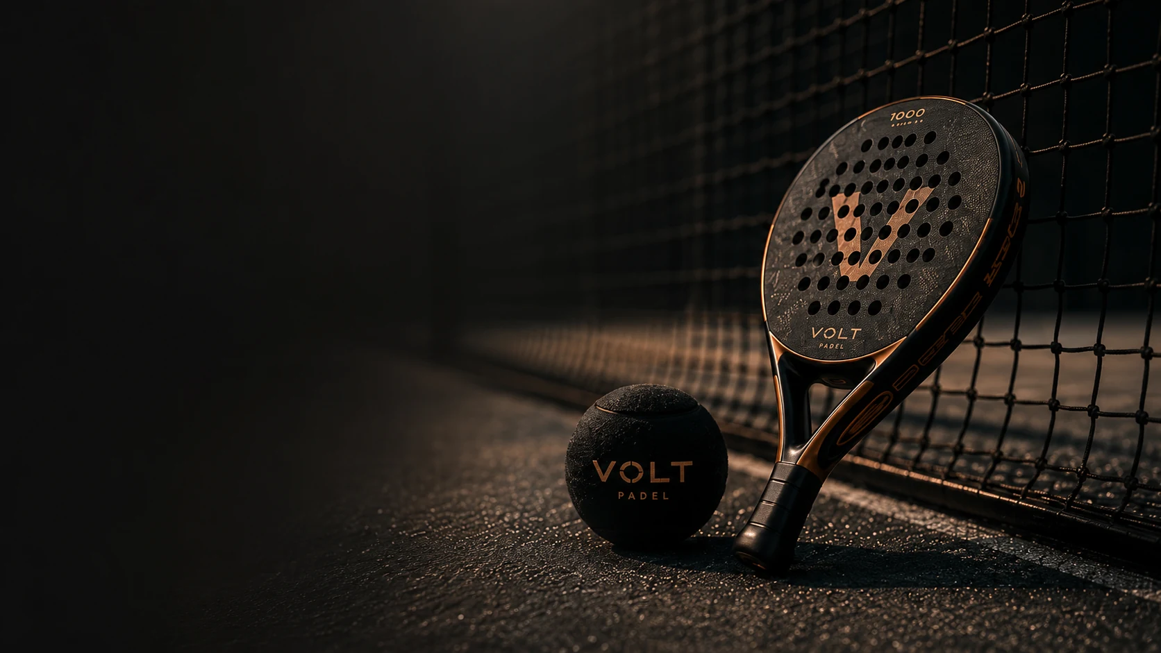 VOLT 1000 padel racket and ball resting against the net in warm copper light